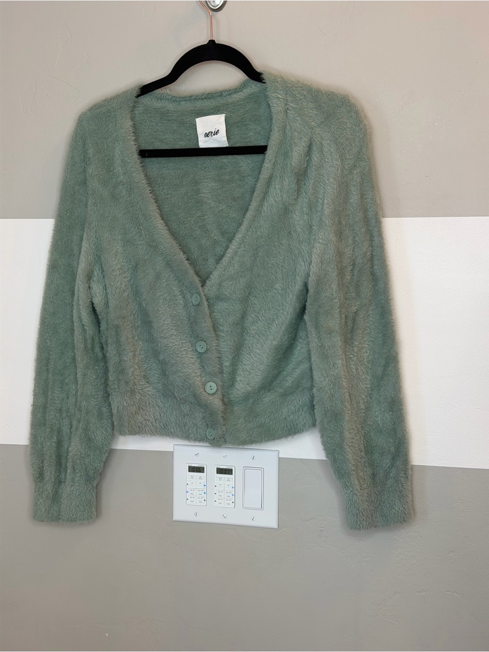 aerie Mint Green Fuzzy V-Neck Button Cardigan